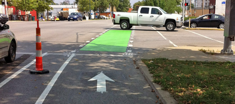 Protected bike lane at an intersection