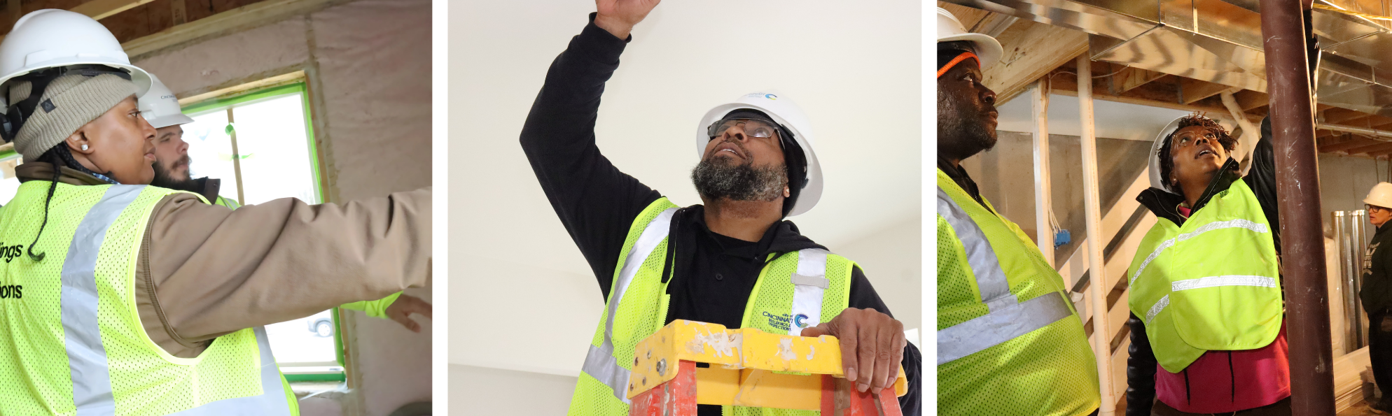 Three photos of Building and Inspections trainees participating in hands on learning 