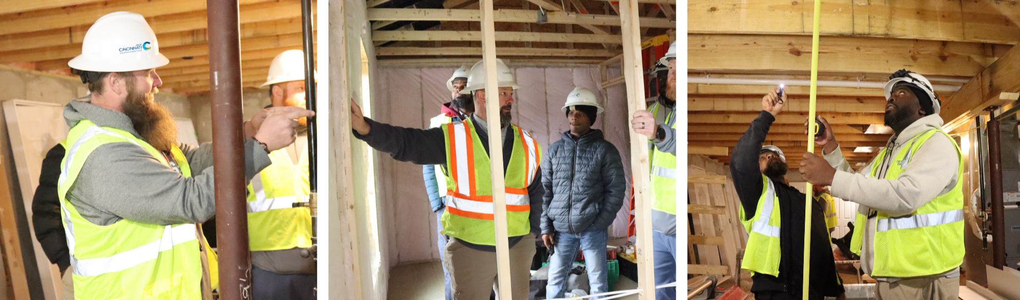 Three photos of Building and Inspections trainees participating in hands on learning 