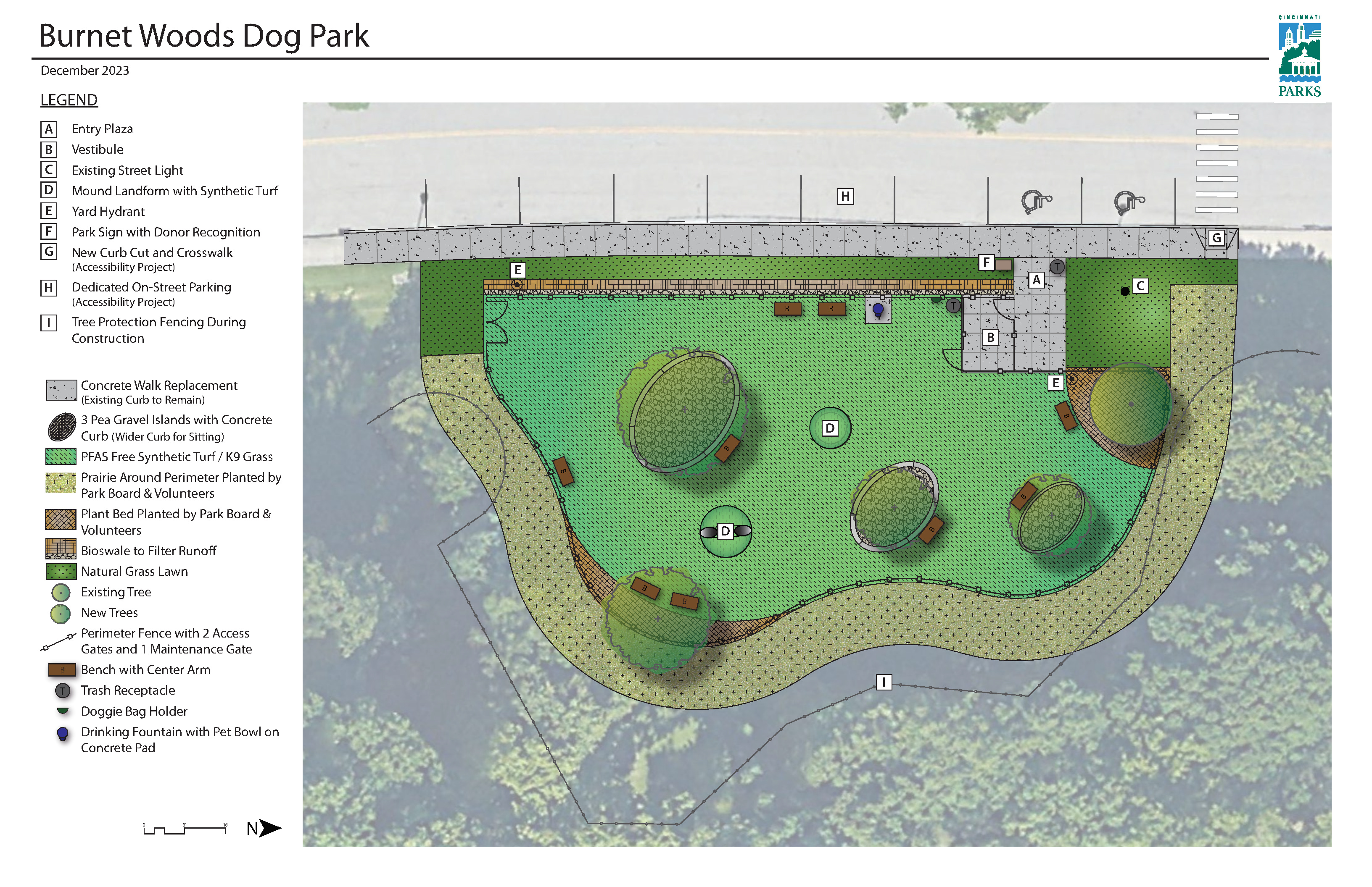 Illustrative rendering of the Burnet Woods Dog Park Layout and Map