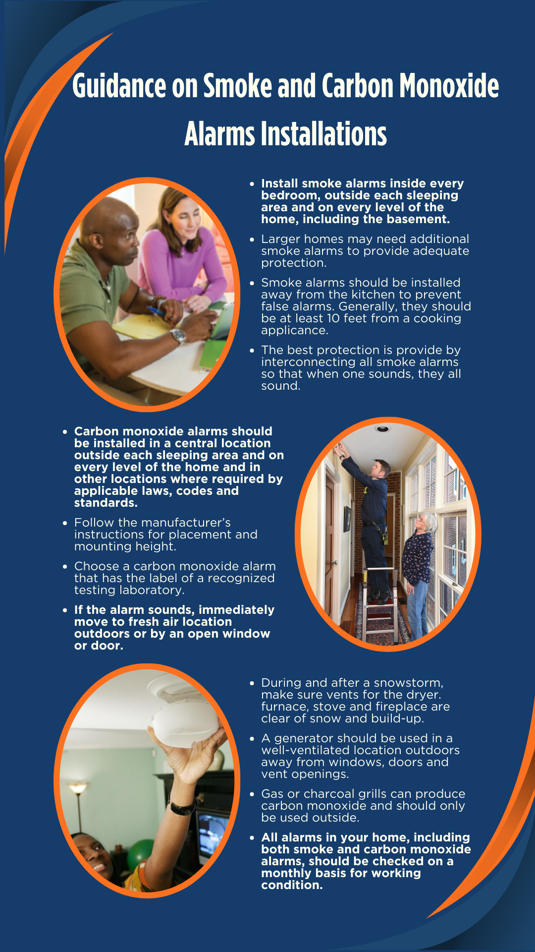 Guidance on smoke and carbon monoxide alarms installation. The infographic reminds readers to install alarms on every floor of a residence, especially near sleeping areas, and to test the alarms monthly. Follow manufacturers guidelines for use, if needed.